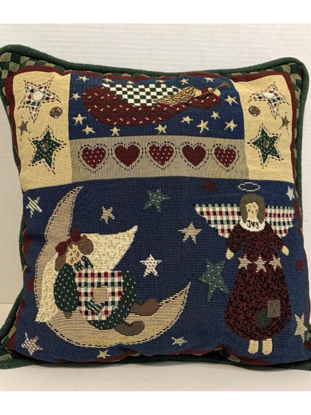 Vintage Tapestry Rustic Angel Moon & Stars Throw Pillow 15x15 Folk Art Primitive